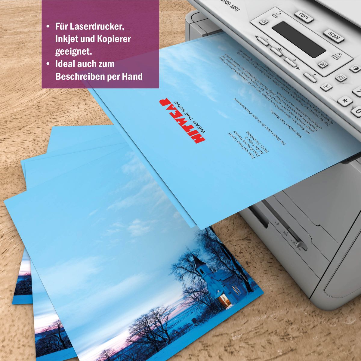 Weihnachtsbriefpapier DIN A4 Kapelle im Abendrot – Motivdetail