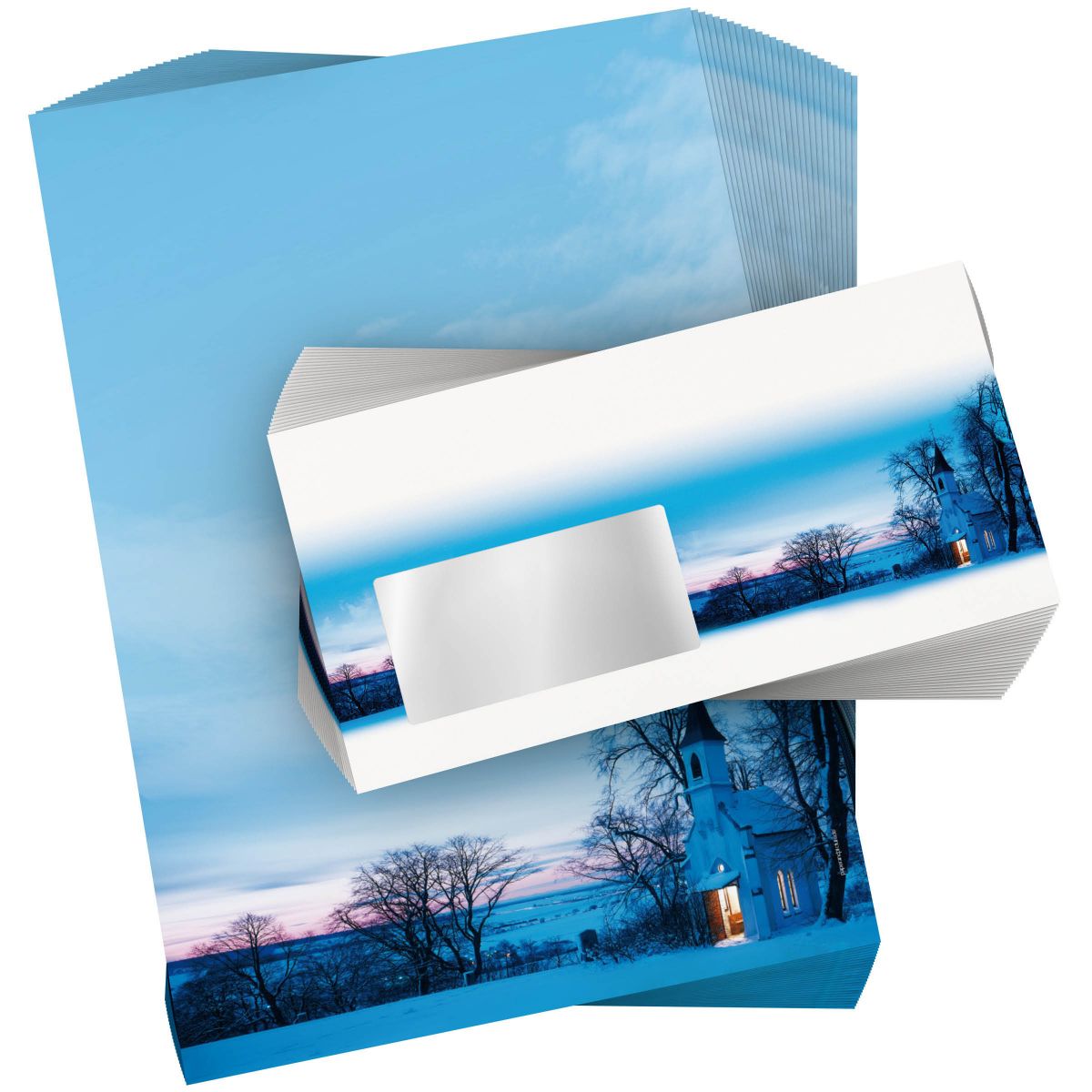 Detailansicht vom Weihnachtsbriefpapier Kapelle im Abendrot mit winterlichem Design