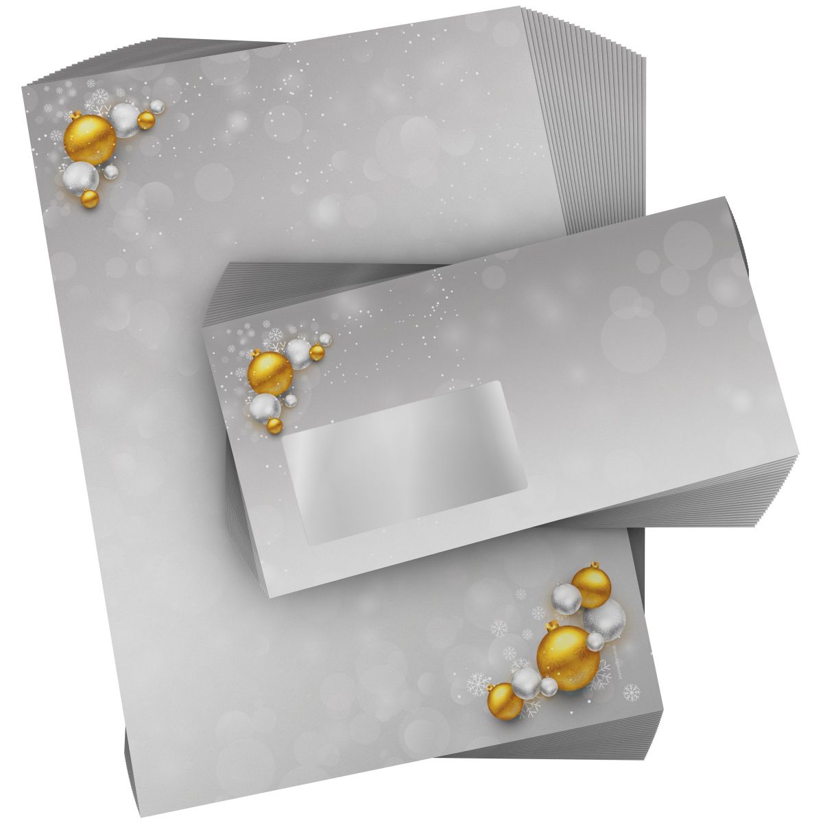 Christmas stationery set Christmas Baubles Silver and Gold with envelopes