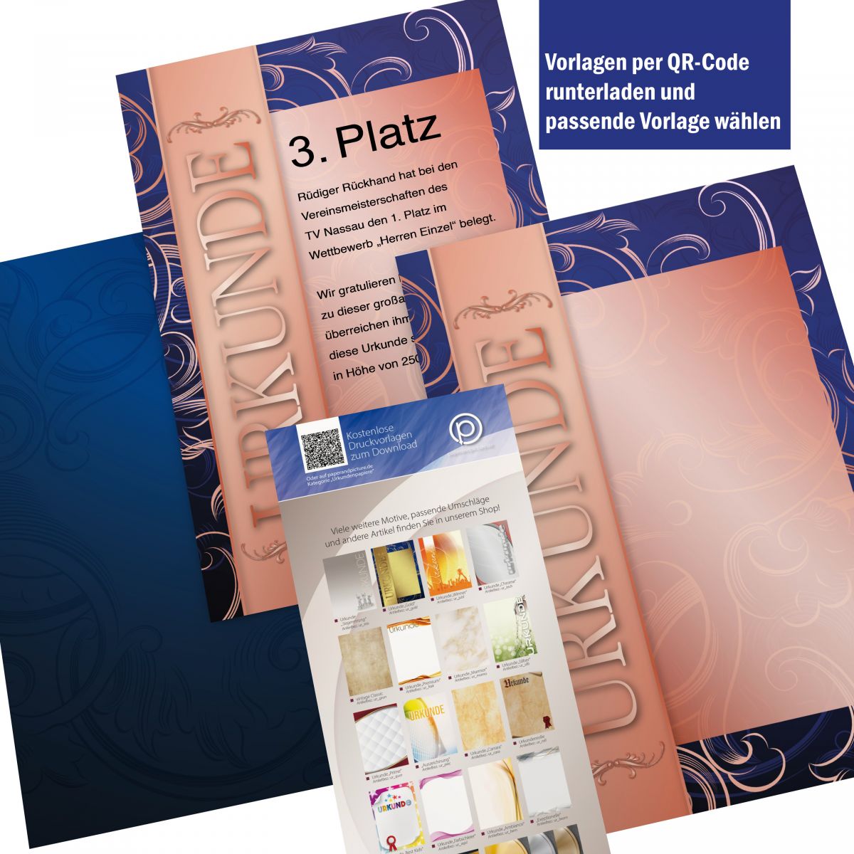 Urkundenpapier DIN A4 190 g/m² beidseitig bedruckt – Motiv Bronze mit dunkelblauer Rückseite