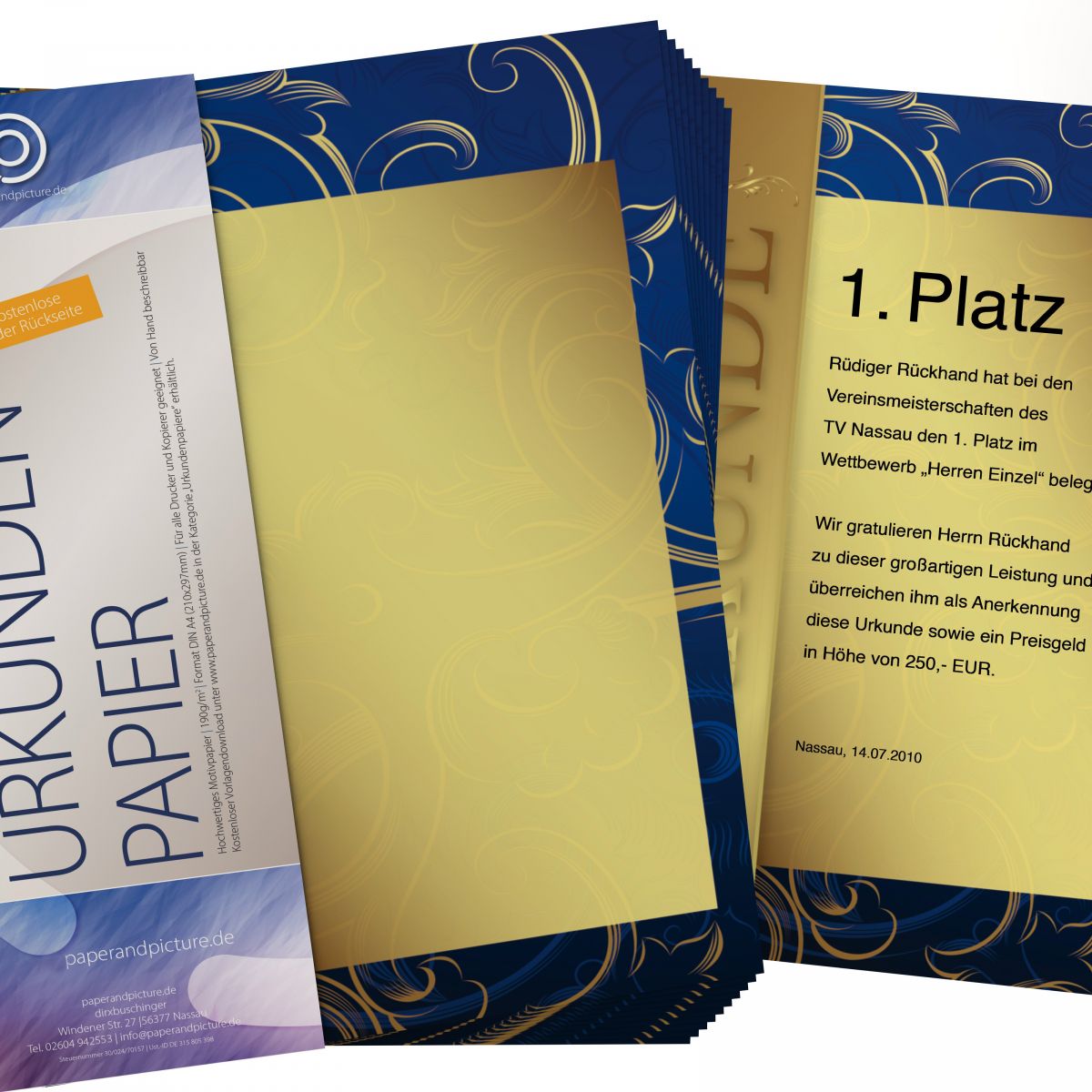 Urkundenpapier DIN A4 190 g/m² beidseitig bedruckt – Motiv Gold mit dunkelblauer Rückseite