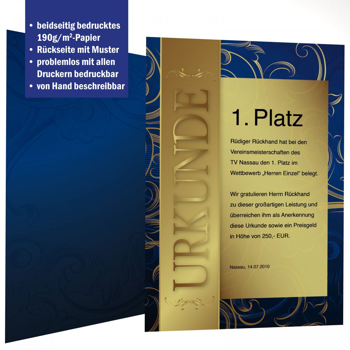 Urkundenpapier DIN A4 190 g/m² beidseitig bedruckt – Motiv Gold mit dunkelblauer Rückseite