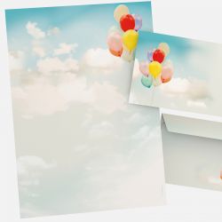 Complete overview of Balloons motif paper series with colorful letter paper and matching DIN Long envelope
