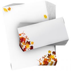 Motivpapier Herbstlaub DIN A4 – Herbstlaub in Orange- und Gelbtönen setzt einen leichten saisonalen Akzent auf viel heller Fläche
