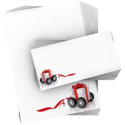 Motivpapier Geschenk auf Rädern DIN A4 – Das rote Fahrzeug mit Geschenk setzt einen originellen, humorvollen Blickfang auf viel weißer Fläche