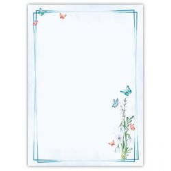 Motivpapier Frühlingsgefühle DIN A4 – Ein feiner blauer Rahmen mit kleinen Blüten und Schmetterlingen wirkt frisch, freundlich und aufgeräumt