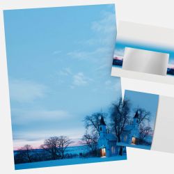 Festliches Weihnachtsbriefpapier mit Motiv Kapelle im Abendrot in DIN A4